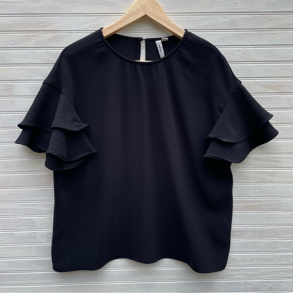 Kenzie Ruffle Sleeve Black Top - Size Small